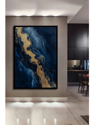Teona Ahşap Çerçeve Görünümlü Altın Parıltılı Mavi Soyut Ahşap Mdf Dekoratif Tablo Dikdörtgen Tablo