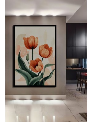Teona Ahşap Çerçeve Görünümlü Turuncu Laleler Dekoratif Ahşap Mdf Ev Duvar Tablo Dikdörtgen Ev Duvar Tablo