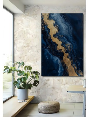 Teona Ahşap Altın Parıltılı Mavi Soyut Ahşap Mdf Dekoratif Tablo Dikdörtgen Tablo