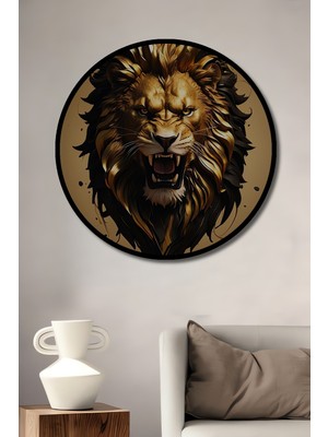 Teona Ahşap Çerçeve Görünümlü Güçlü Aslan Kükremesi Dekoratif Ahşap Mdf Ev Duvar Tablo Yuvarlak Ev Duvar Tablo