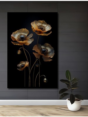 Teona Ahşap Çerçeve Görünümlü Altın Çiçekler Ahşap Mdf Dekoratif Ev Duvar Tablo Dikdörtgen Ev Duvar Tablo