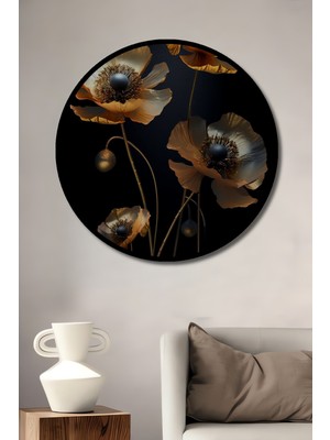 Teona Ahşap Çerçeve Görünümlü Altın Çiçekler Ahşap Mdf Dekoratif Ev Duvar Tablo Yuvarlak Ev Duvar Tablo