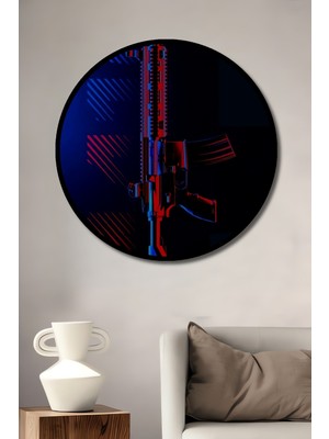 Teona Ahşap Çerçeve Görünümlü 3D Neon Tüfek Dekoratif Ahşap Mdf Ev Duvar Tablo Yuvarlak Ev Duvar Tablo