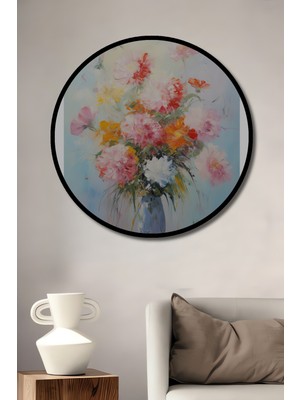Teona Ahşap Çerçeve Görünümlü Renklerin Zarafeti Çiçek Buketi Ahşap Mdf Dekoratif Tablo Yuvarlak Tablo