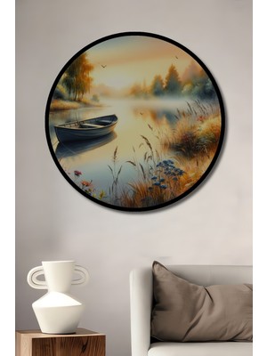 Teona Ahşap Çerçeve Görünümlü Sakin Göl Manzarası Ahşap Mdf Dekoratif Ev Duvar Tablo Yuvarlak Ev Duvar Tablo