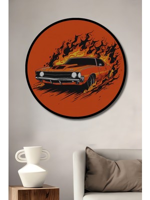 Teona Ahşap Çerçeve Görünümlü Alevli Klasik Araba Ahşap Mdf Dekoratif Ev Duvar Tablo Yuvarlak Ev Duvar Tablo