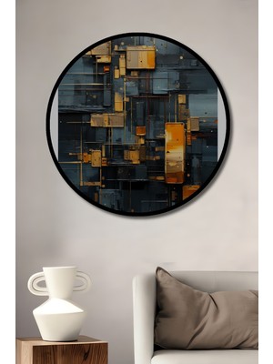 Teona Ahşap Çerçeve Görünümlü Siyah Altın Geometrik Ahşap Mdf Dekoratif Ev Duvar Tablo Yuvarlak Ev Duvar Tablo