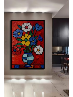 Teona Ahşap Çerçeve Görünümlü Renkli Çiçek Vazo Dekoratif Ahşap Mdf Ev Duvar Tablo Dikdörtgen Ev Duvar Tablo