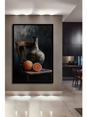 Teona Ahşap Çerçeve Görünümlü Antik Vazo ve Nar ile Natürmort Dekoratif Ahşap Mdf Dikdörtgen Ev Duvar Tablo
