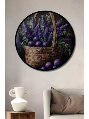 Teona Ahşap Çerçeve Görünümlü Mor Lale Sepeti Dekoratif Ahşap Mdf Ev Duvar Tablo Yuvarlak Ev Duvar Tablo