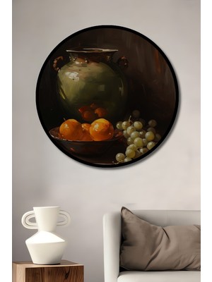 Teona Ahşap Çerçeve Görünümlü Yeşil Vazo ve Narenciye Sanatı Dekoratif Ahşap Mdf Tablo Yuvarlak Tablo