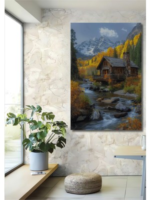 Teona Ahşap Dağ Evinde Sonbahar Manzarası Ahşap Mdf Dekoratif Tablo Dikdörtgen Tablo