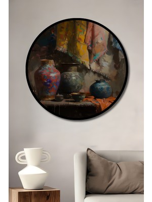 Teona Ahşap Çerçeve Görünümlü Renkli Çömlekler ve Kumaşlar Dekoratif Ahşap Mdf Tablo Yuvarlak Tablo