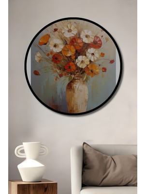 Teona Ahşap Çerçeve Görünümlü Kır Çiçekleri Vazoda Dekoratif Ahşap Mdf Ev Duvar Tablo Yuvarlak Ev Duvar Tablo