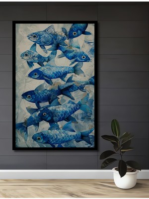Teona Ahşap Çerçeve Görünümlü Mavi Balıklar Dekoratif Ahşap Mdf Ev Duvar Tablo Dikdörtgen Ev Duvar Tablo