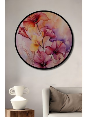 Teona Ahşap Çerçeve Görünümlü Çiçeklerle Renkli Ahşap Mdf Dekoratif Ev Duvar Tablo Yuvarlak Ev Duvar Tablo