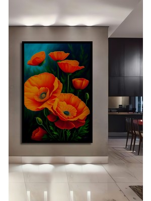 Teona Ahşap Çerçeve Görünümlü Turuncu Gelinciklerin Büyülü Dansı Dekoratif Ahşap Mdf Tablo Dikdörtgen Tablo