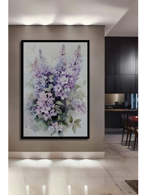 Teona Ahşap Çerçeve Görünümlü Lila Çiçekler Ahşap Mdf Dekoratif Ev Duvar Tablo Dikdörtgen Ev Duvar Tablo
