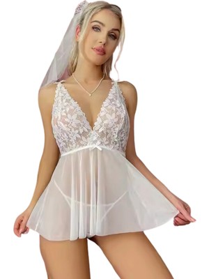 Çamaşır Kenti Beyaz Dantelli Transparan Tül Etekli Seksi Elbise Gecelik CK273266