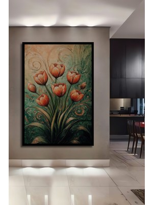 Teona Ahşap Çerçeve Görünümlü Lale Çiçekli Dekoratif Ahşap Mdf Ev Duvar Tablo Dikdörtgen Ev Duvar Tablo