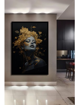 Teona Ahşap Çerçeve Görünümlü Altın Yapraklarla Çevrili Soyut Kadın Portresi Ahşap Mdf Tablo Dikdörtgen Tablo