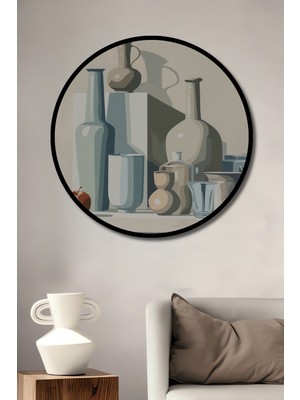 Teona Ahşap Çerçeve Görünümlü Modern Natürmort Ahşap Mdf Dekoratif Ev Duvar Tablo Yuvarlak Ev Duvar Tablo