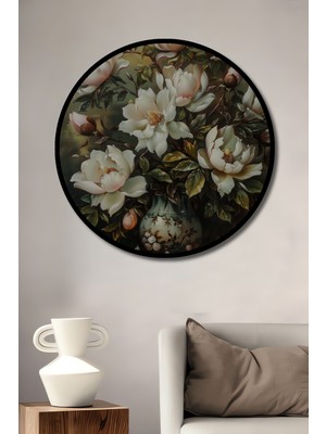 Teona Ahşap Çerçeve Görünümlü Beyaz Şakayık Ahşap Mdf Dekoratif Ev Duvar Tablo Yuvarlak Ev Duvar Tablo