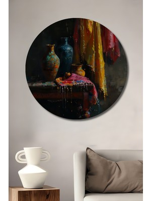 Teona Ahşap Renkli Vazo ve Kumaşlar Dekoratif Ahşap Mdf Ev/işyeri Duvar Tablo Yuvarlak Ev/işyeri Duvar Tablo