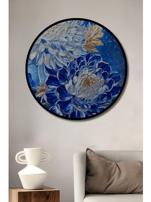Teona Ahşap Çerçeve Görünümlü Mavi Çiçekler Dekoratif Ahşap Mdf Ev Duvar Tablo Yuvarlak Ev Duvar Tablo