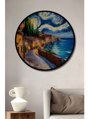 Teona Ahşap Çerçeve Görünümlü Yıldızlı Gece Dekoratif Ahşap Mdf Ev Duvar Tablo Yuvarlak Ev Duvar Tablo