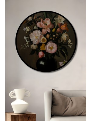 Teona Ahşap Çerçeve Görünümlü Vintage Çiçek Buketi Dekoratif Ahşap Mdf Ev Duvar Tablo Yuvarlak Ev Duvar Tablo
