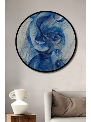 Teona Ahşap Çerçeve Görünümlü Mavi Dalgaların Dansı Dekoratif Ahşap Mdf Ev Duvar Tablo Yuvarlak Ev Duvar Tablo