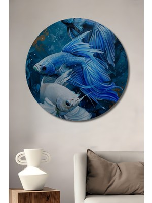 Teona Ahşap Mavi Betta Balıkları Dekoratif Ahşap Mdf Ev/işyeri Duvar Tablo Yuvarlak Ev/işyeri Duvar Tablo