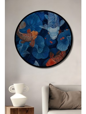 Teona Ahşap Çerçeve Görünümlü Koi Balığı Dekoratif Ahşap Mdf Işyeri Duvar Tablo Yuvarlak Işyeri Duvar Tablo