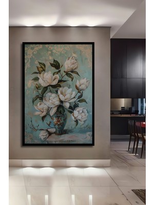 Teona Ahşap Çerçeve Görünümlü Beyaz Manolyalar Dekoratif Ahşap Mdf Ev Duvar Tablo Dikdörtgen Ev Duvar Tablo