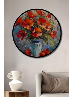 Teona Ahşap Çerçeve Görünümlü Gelincik Çiçekleri Ahşap Mdf Dekoratif Ev Duvar Tablo Yuvarlak Ev Duvar Tablo