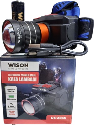 Wison WS-2035 Profesyonel Kafa Lambası 1500 Lümen 15W Zoomlu Plastik Malzeme ile Şarjlı Kullanım