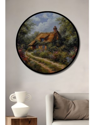 Teona Ahşap Çerçeve Görünümlü Kır Evi Manzaralı Dekoratif Ahşap Mdf Ev Duvar Tablo Yuvarlak Ev Duvar Tablo