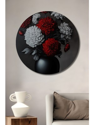 Teona Ahşap Kırmızı Beyaz Çiçek Buketi Dekoratif Ahşap Mdf Ev/işyeri Duvar Tablo Yuvarlak Ev/işyeri Duvar Tablo