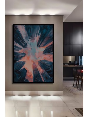 Teona Ahşap Çerçeve Görünümlü Gökyüzüne Yükselen Modern Şehir Ahşap Mdf Dekoratif Tablo Dikdörtgen Tablo