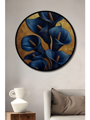 Teona Ahşap Çerçeve Görünümlü Mavi Zambak Ahşap Mdf Dekoratif Işyeri Duvar Tablo Yuvarlak Işyeri Duvar Tablo