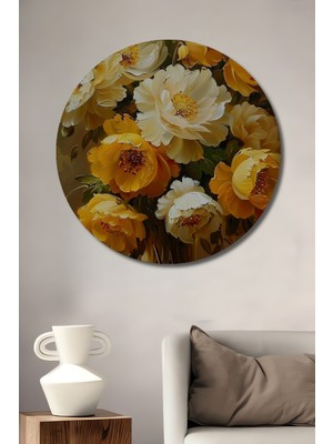 Teona Ahşap Sarı Beyaz Çiçek Buketi Dekoratif Ahşap Mdf Ev/işyeri Duvar Tablo Yuvarlak Ev/işyeri Duvar Tablo