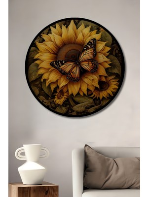 Teona Ahşap Çerçeve Görünümlü Ayçiçeği ve Kelebek Dekoratif Ahşap Mdf Ev Duvar Tablo Yuvarlak Ev Duvar Tablo
