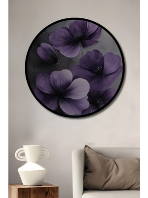 Teona Ahşap Çerçeve Görünümlü Mor Çiçekler Dekoratif Ahşap Mdf Işyeri Duvar Tablo Yuvarlak Işyeri Duvar Tablo