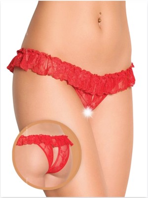 Çamaşır Kenti Üstü Fırfırlı Ağı Açık Kırmızı Dantel Tanga - String CK270020