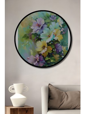 Teona Ahşap Çerçeve Görünümlü Renkli Çiçekler Dekoratif Ahşap Mdf Ev Duvar Tablo Yuvarlak Ev Duvar Tablo