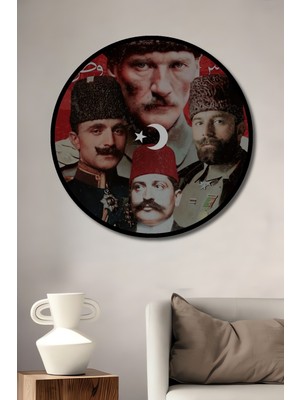 Teona Ahşap Çerçeve Görünümlü Atatürk ve Kurtuluş Savaşı Kahramanları Ahşap Mdf Dekoratif Tablo Yuvarlak Tablo