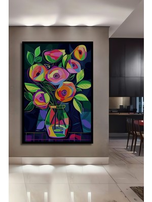 Teona Ahşap Çerçeve Görünümlü Renkli Çiçekler Soyut Sanat Ahşap Mdf Dekoratif Tablo Dikdörtgen Tablo