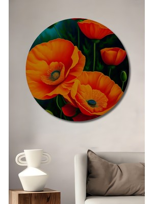 Teona Ahşap Turuncu Gelinciklerin Büyülü Dansı Dekoratif Ahşap Mdf Tablo Yuvarlak Tablo