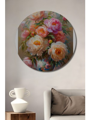 Teona Ahşap Pembe Şakayık Çiçek Aranjmanı Ahşap Mdf Dekoratif Tablo Yuvarlak Tablo